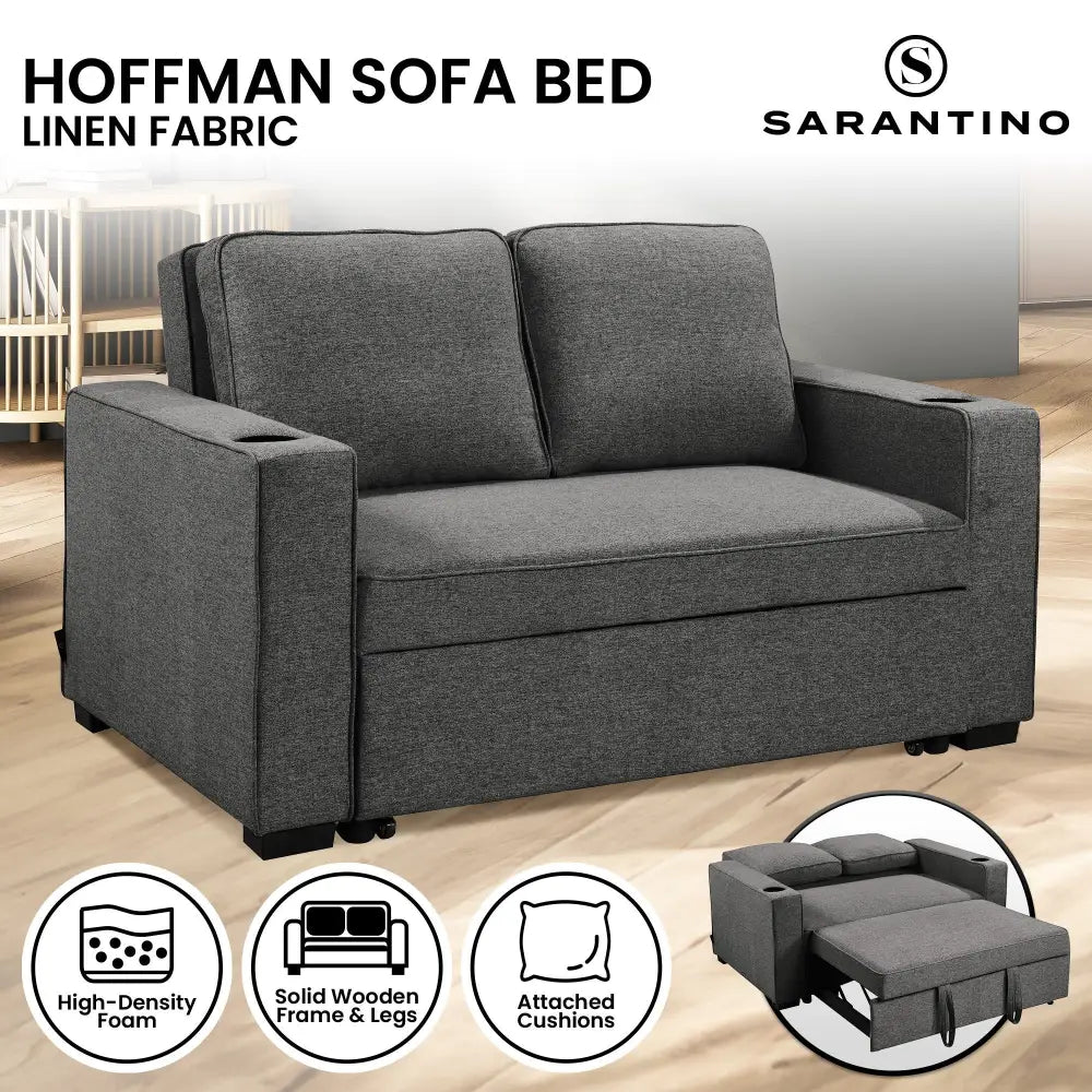 Sarantino Hoffman Linen Dark Grey Convertible Sofa Bed Couch Lounge With Cushions Cupholders Scandinavian-style Wooden