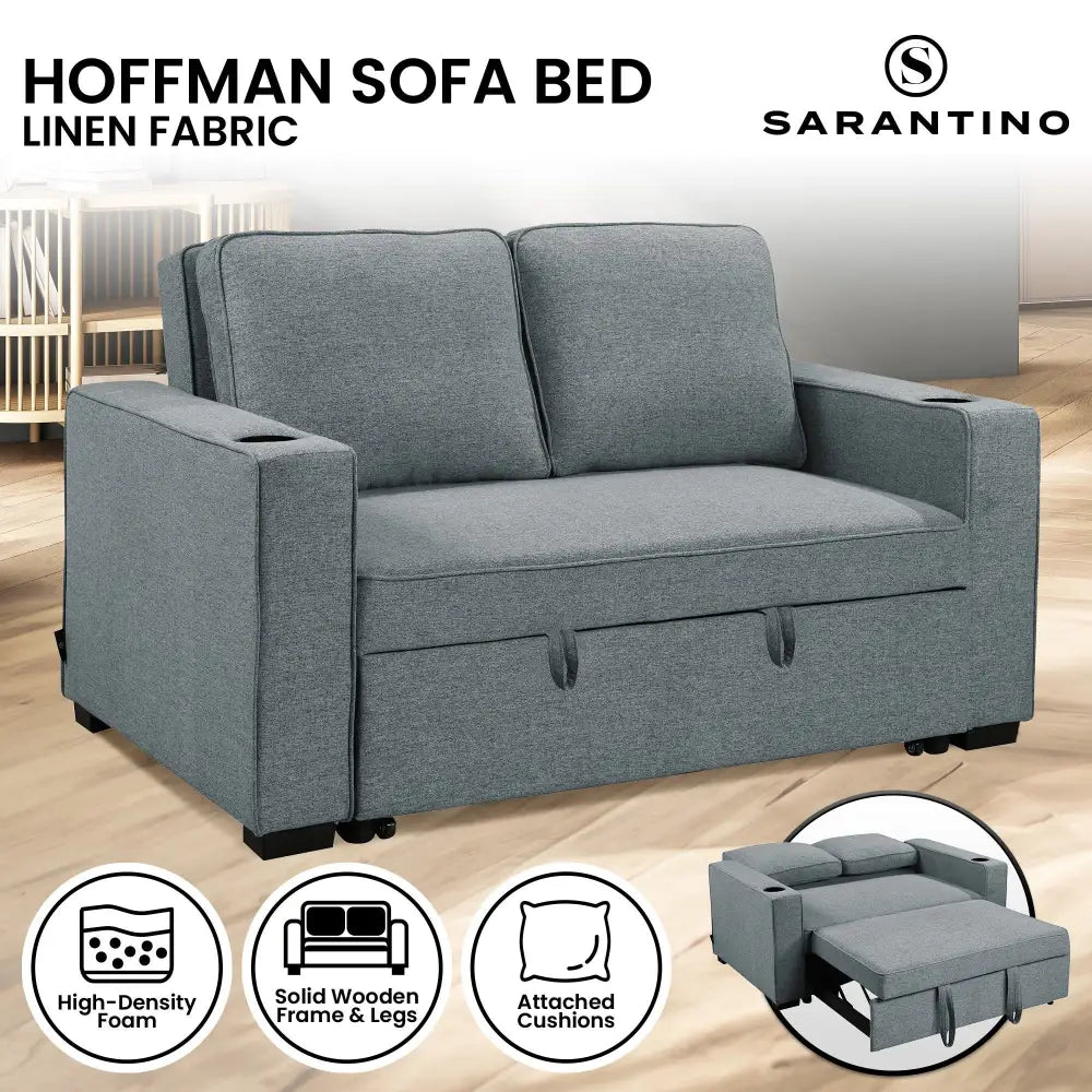 Sarantino Hoffman Linen Sofa Bed With Cushions & Cup Holders Dark Grey - Furniture > Bar Stools & Chairs > Arm Chairs &