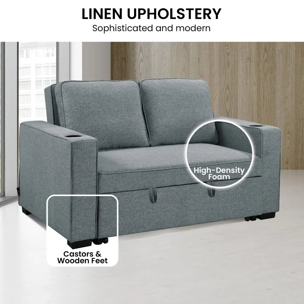 Sarantino Hoffman Linen Sofa Bed With Cushions & Cup Holders Dark Grey - Furniture > Bar Stools & Chairs > Arm Chairs &