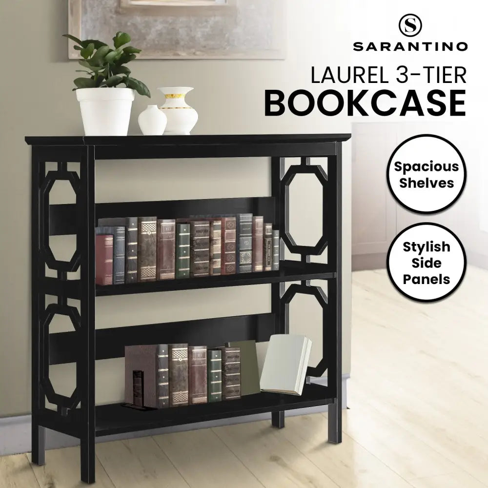 Sarantino Laurel 3-Tier Bookshelf Display Rack in Black - Furniture > Living Room > Bookcases & Shelves
