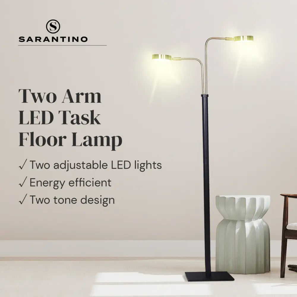 Sarantino LED Metal Floor Lamp with 2 Lights in Brushed Gold and Black Finish - Home & Garden > Lighting