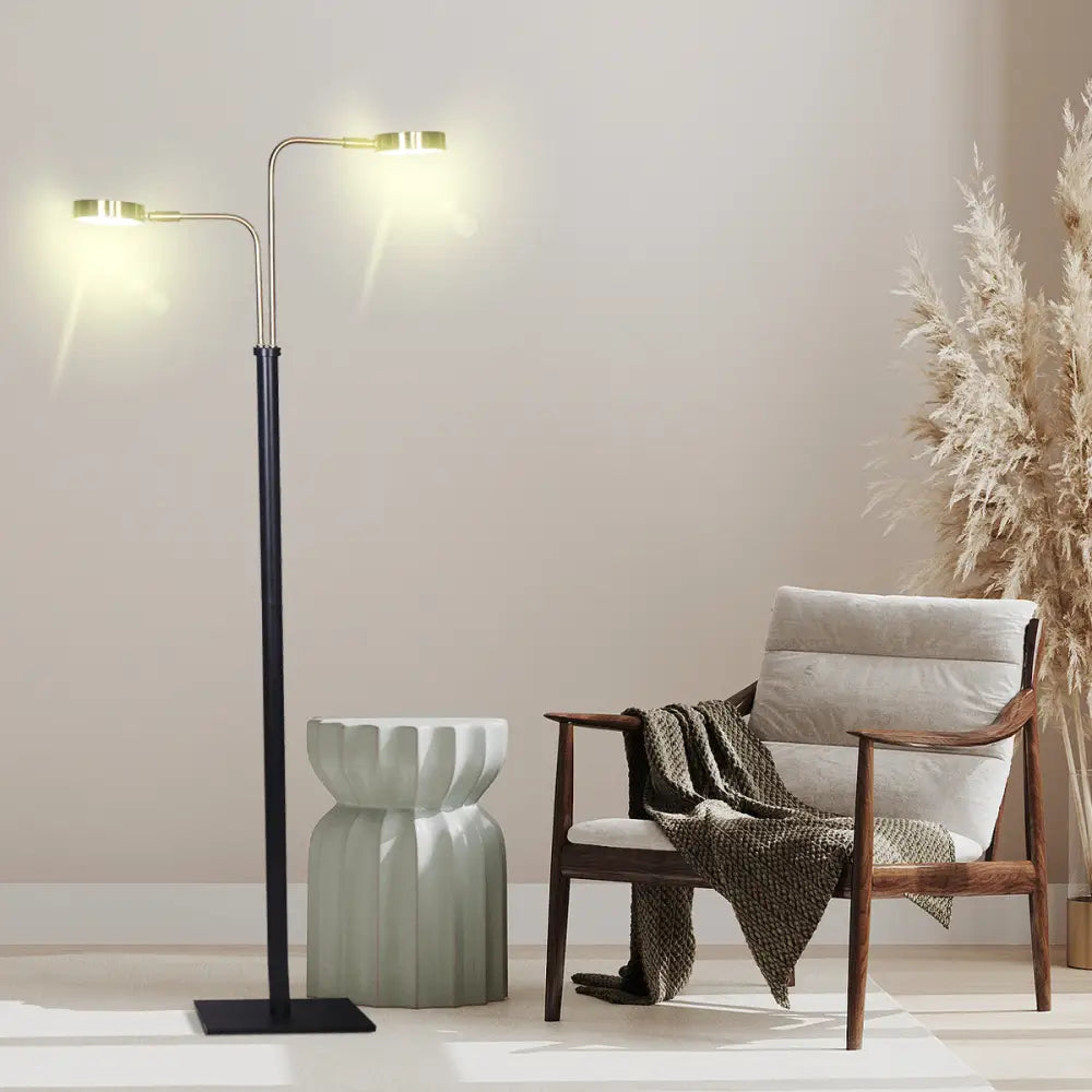 Sarantino LED Metal Floor Lamp with 2 Lights in Brushed Gold and Black Finish - Home & Garden > Lighting