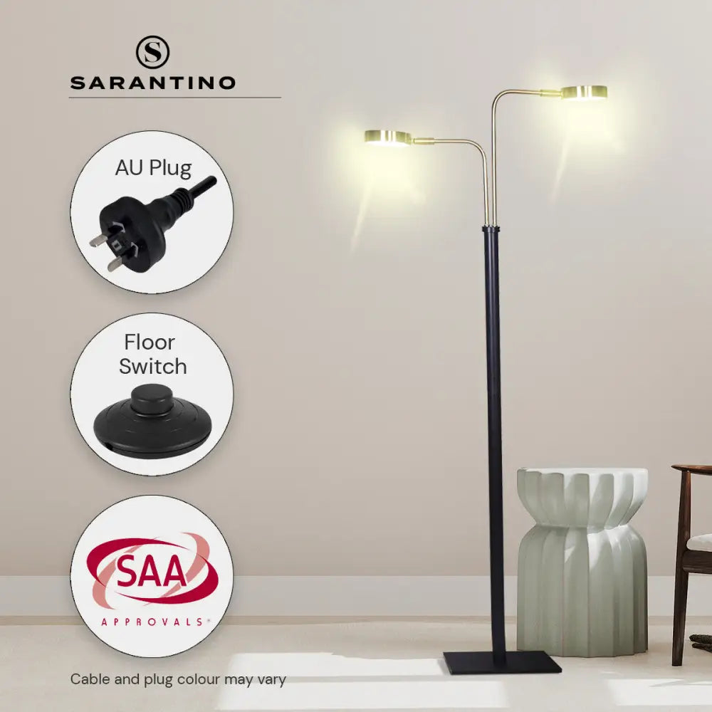 Sarantino LED Metal Floor Lamp with 2 Lights in Brushed Gold and Black Finish - Home & Garden > Lighting