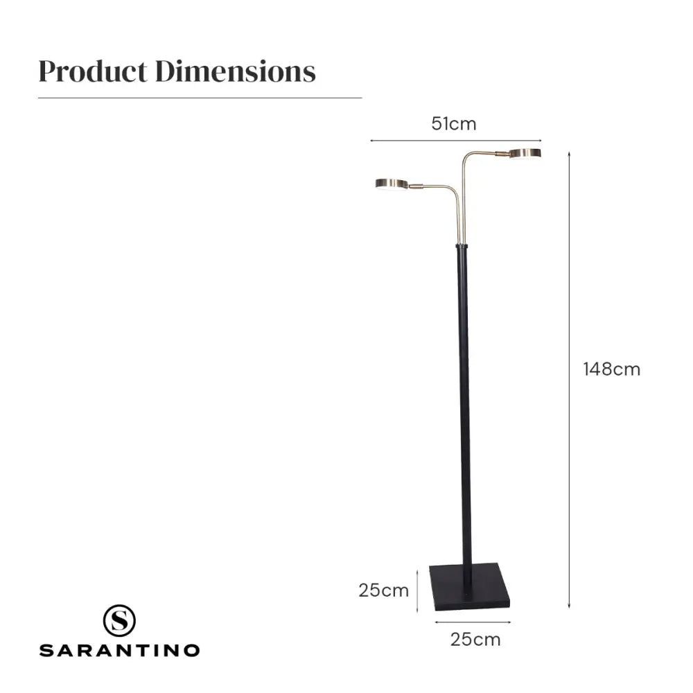 Sarantino LED Metal Floor Lamp with 2 Lights in Brushed Gold and Black Finish - Home & Garden > Lighting