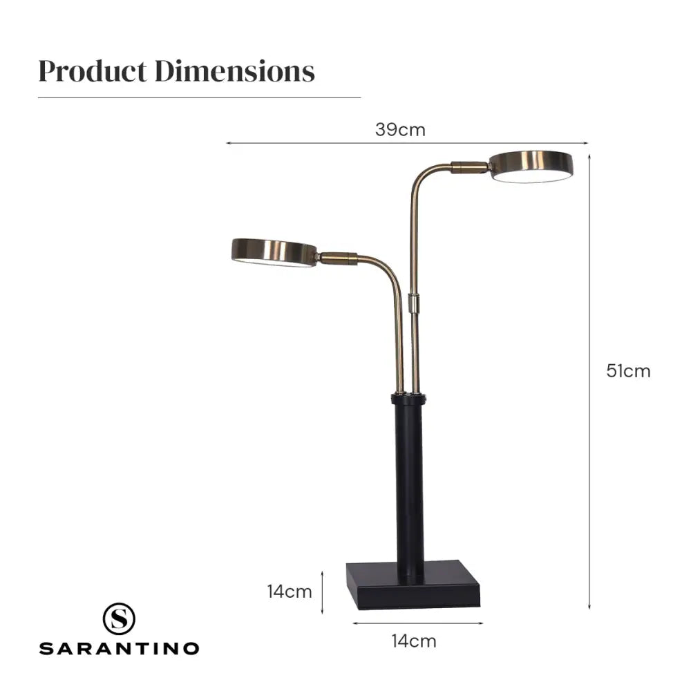 Sarantino LED Metal Table Lamp with 2 Lights Brushed Gold Black Finish - Home & Garden > Lighting