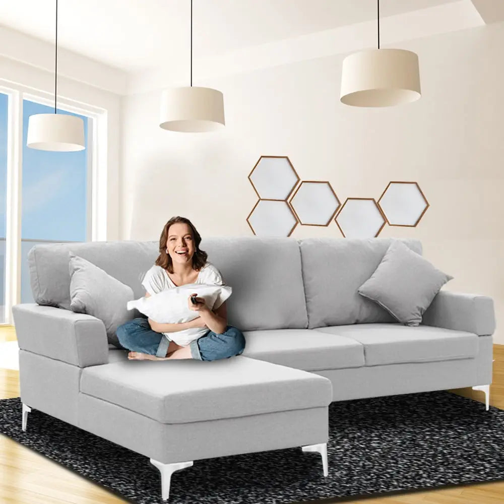 Sarantino Linen Corner Sofa Couch Lounge L-shape W/right Chaise Seat Light Grey - Furniture > Sofas