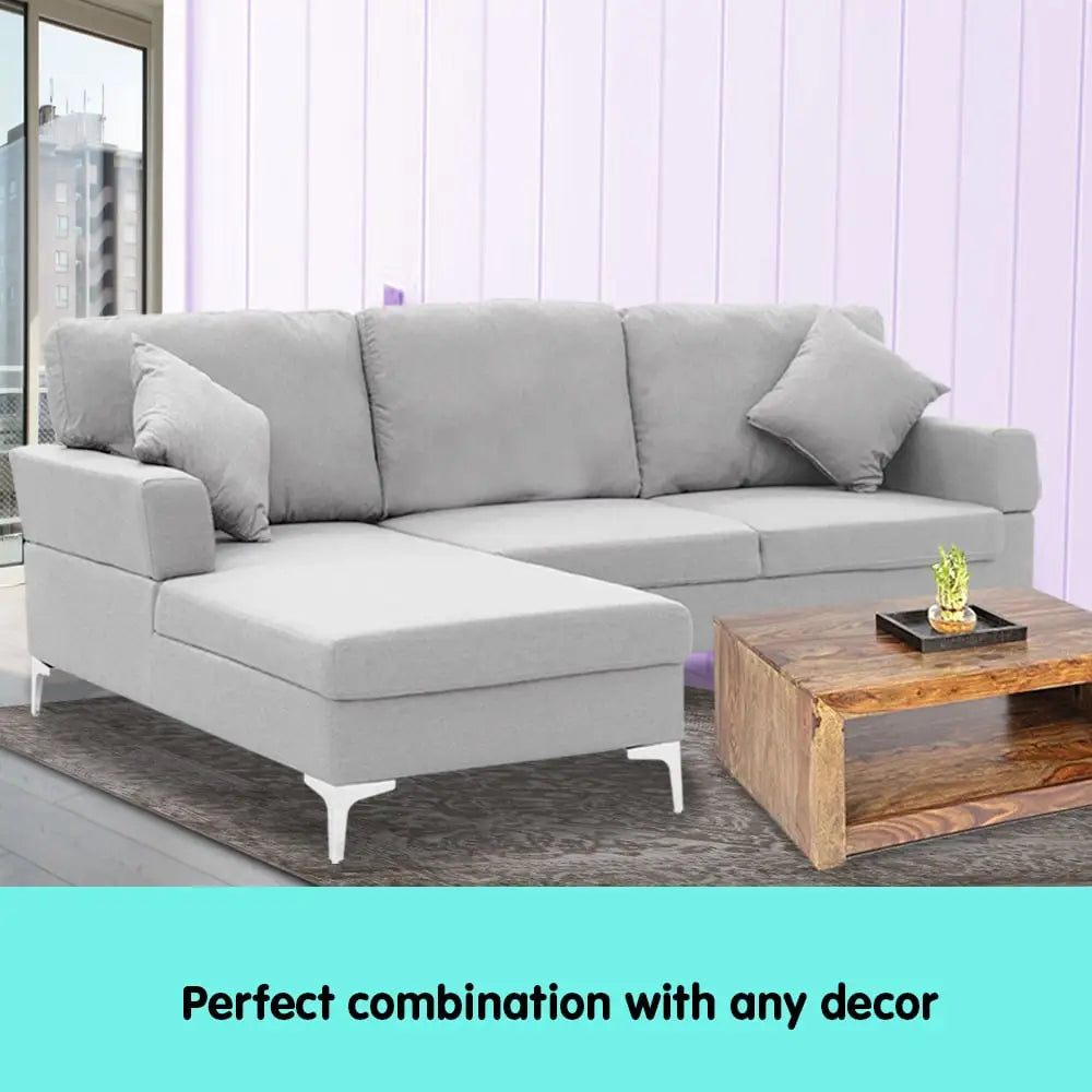 Sarantino Linen Corner Sofa Couch Lounge L-shape W/right Chaise Seat Light Grey - Furniture > Sofas