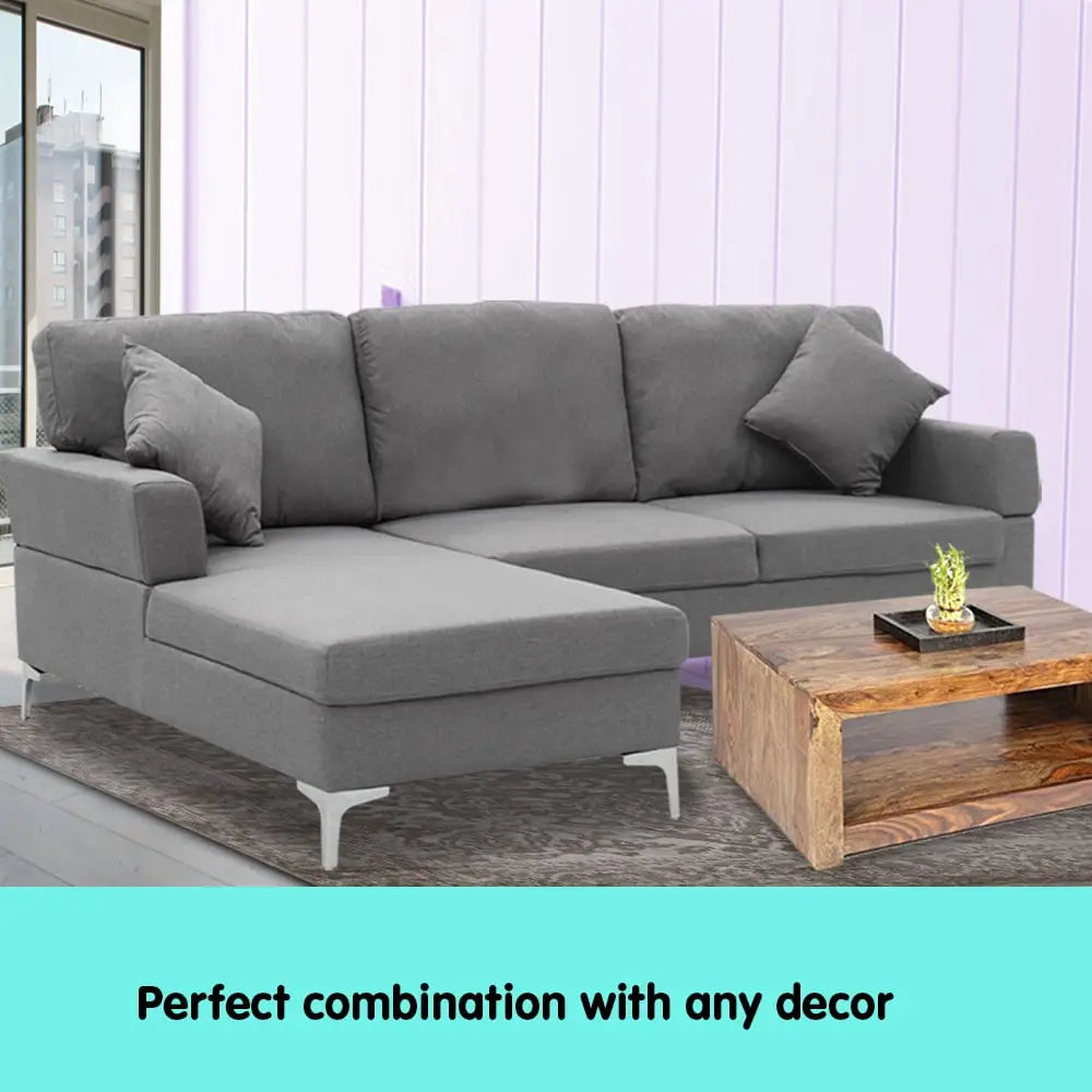 Sarantino Linen Corner Sofa Couch Lounge L-shape W/right Chaise Seat Dark Grey - Furniture > Sofas