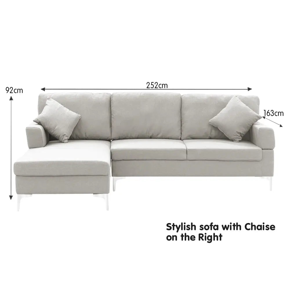 Sarantino Linen Corner Sofa Couch Lounge L-shape W/right Chaise Seat Light Grey - Furniture > Sofas