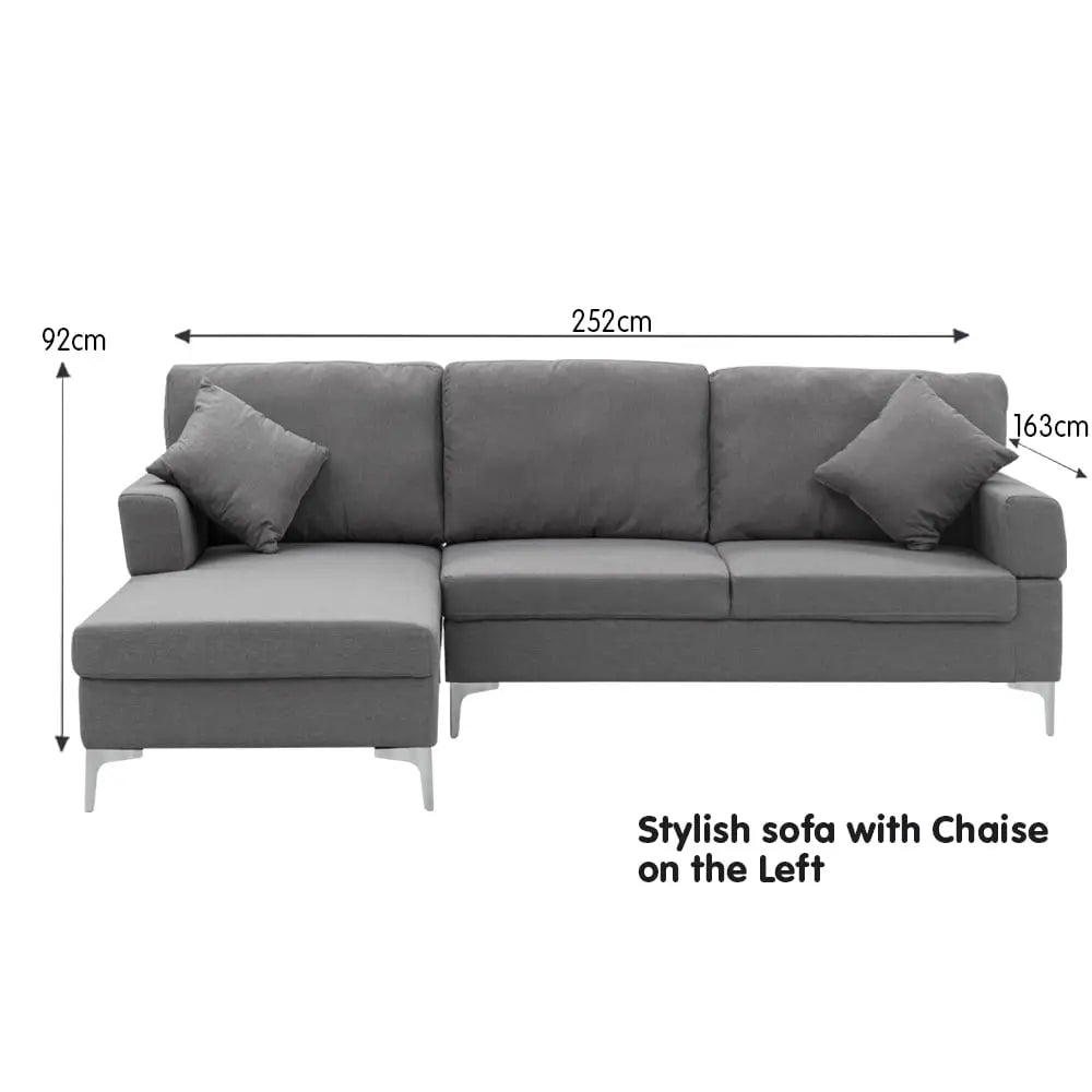 Sarantino Linen Corner Sofa Couch Lounge L-shape W/right Chaise Seat Dark Grey - Furniture > Sofas