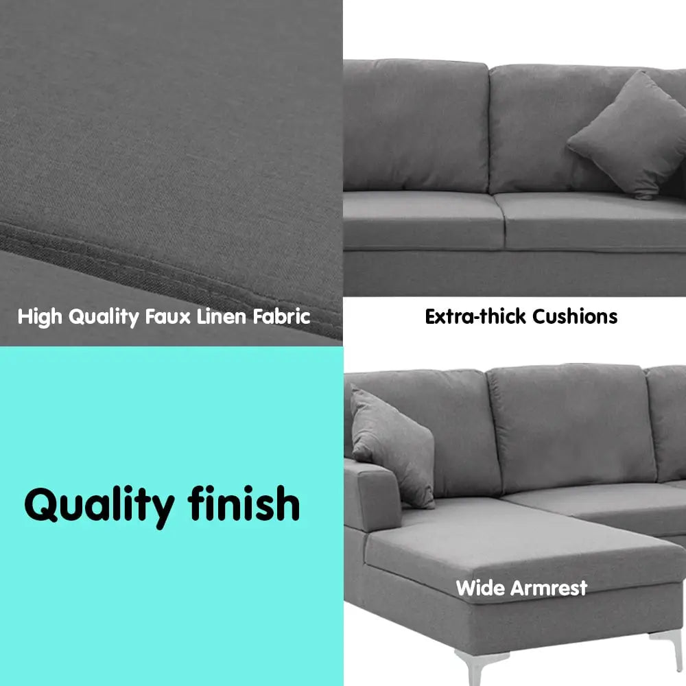 Sarantino Linen Corner Sofa Couch Lounge L-shape W/right Chaise Seat Dark Grey - Furniture > Sofas