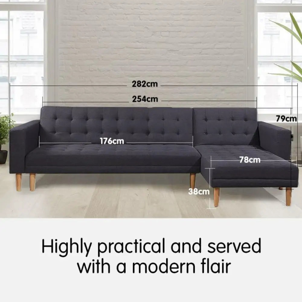 Sarantino Linen Fabric Corner Sofa Bed Couch Lounge With Chaise Furniture - Dark Grey - Furniture > Sofas