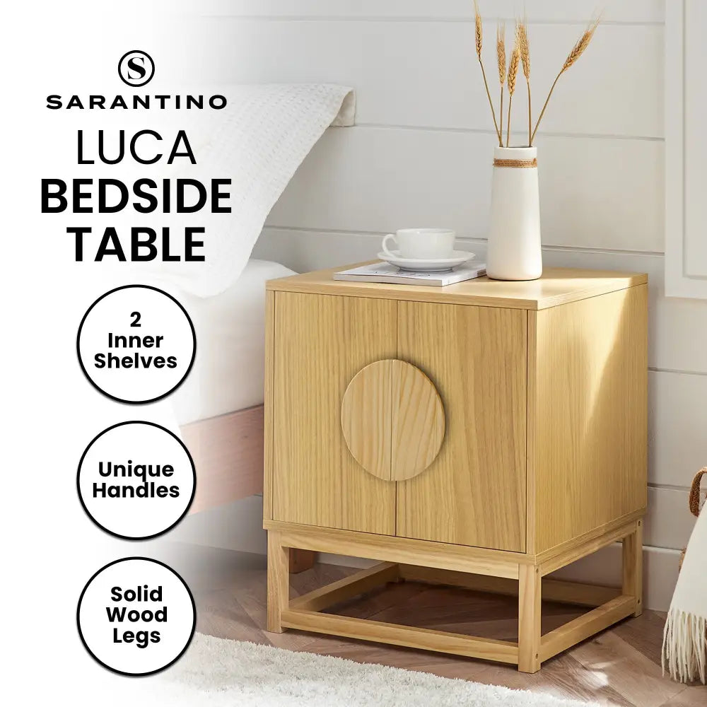 Sarantino Luca Bedside Table Split Door Night Stand - Natural - Furniture > Bedroom