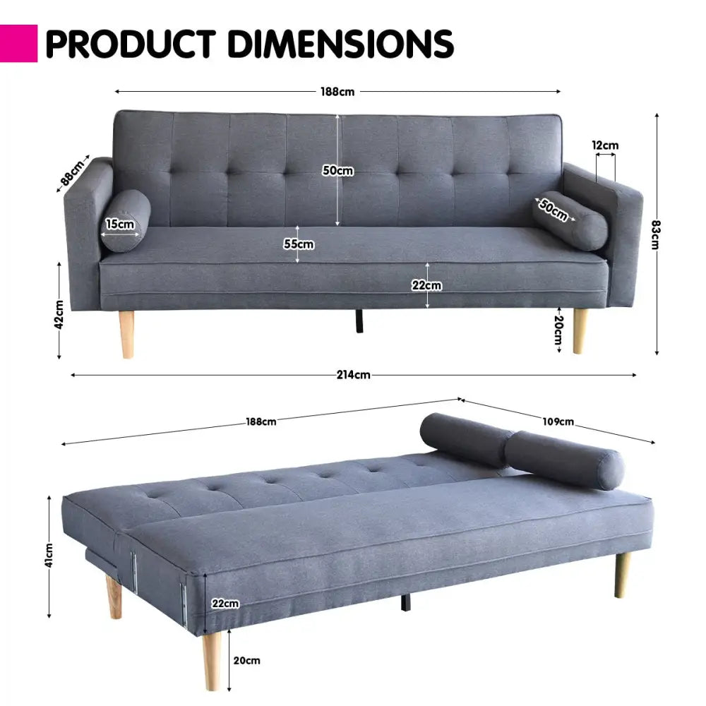 Sarantino Madison Sofa Bed Lounge Couch Futon Furniture Home Dark Grey Linen Suite - Furniture > Sofas