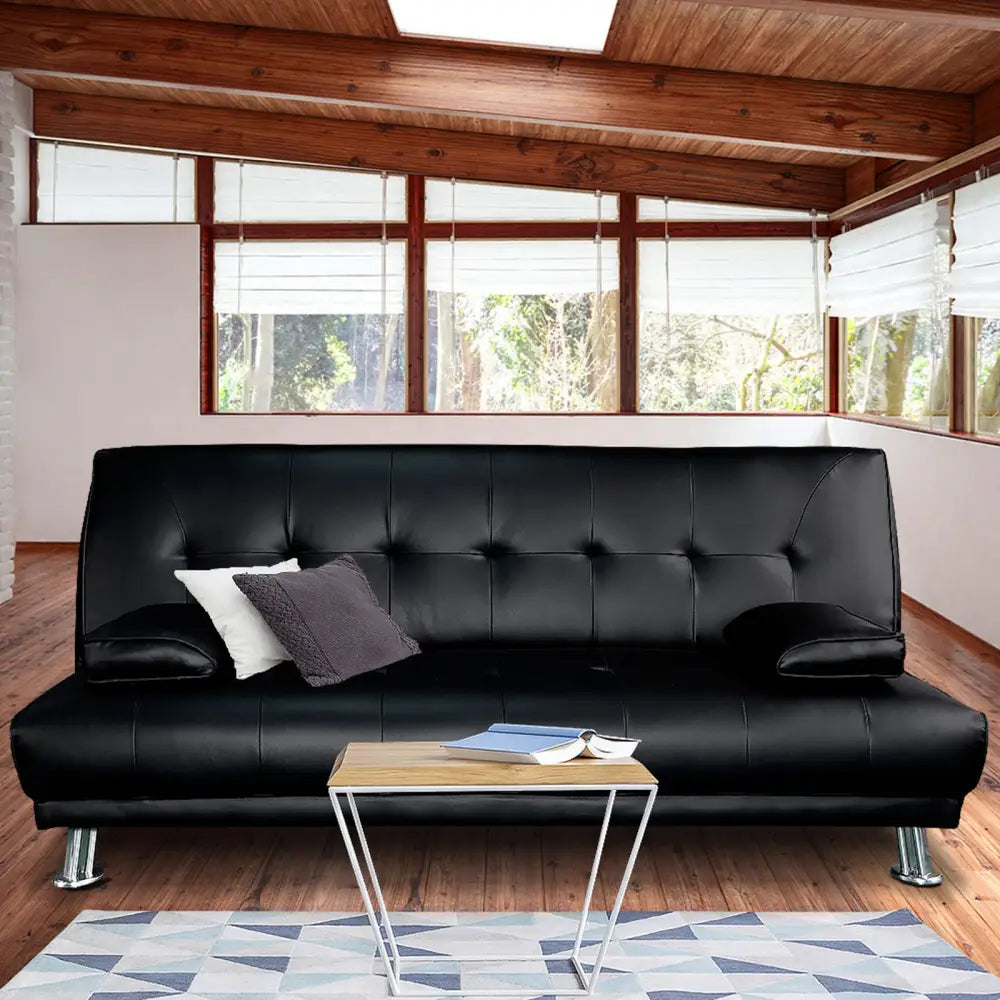 Sarantino Manhattan Sofa Bed Faux Leather Lounge Couch Futon Furniture Suite - Black - Furniture > Sofas