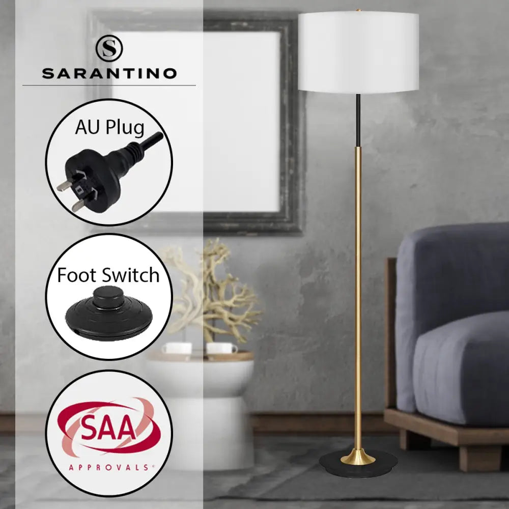 Sarantino Metal Floor Lamp Brushed Brass Finish with White Shade - Home & Garden > Lighting
