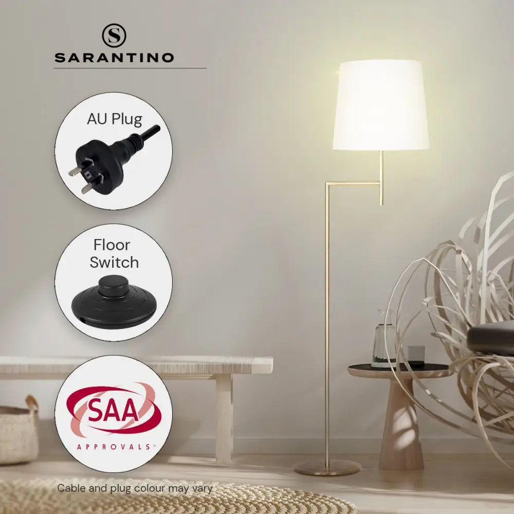 Sarantino Metal Floor Lamp in Antique Brass Finish with Cream Linen Fabric Shade - Home & Garden > Lighting