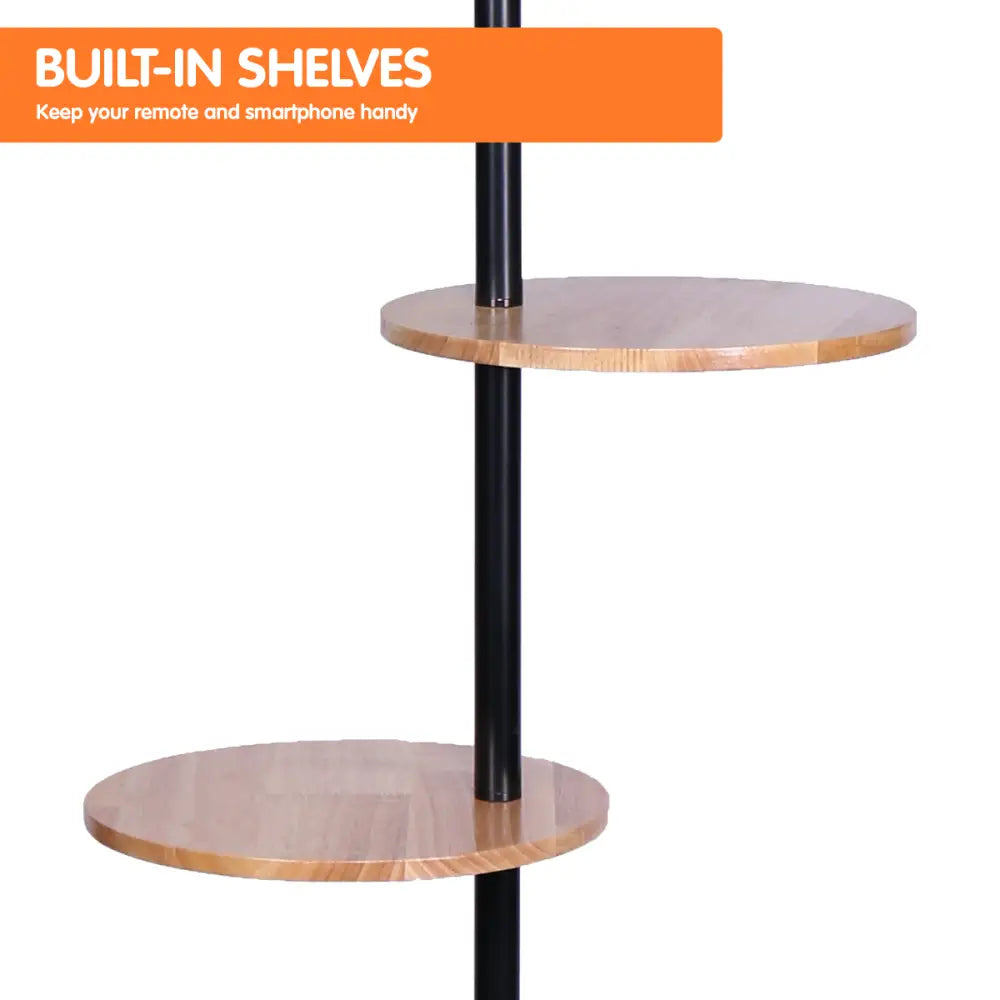 Sarantino Metal Floor Lamp Shade with Black Post in Round Wood Shelves - Home & Garden > Lighting
