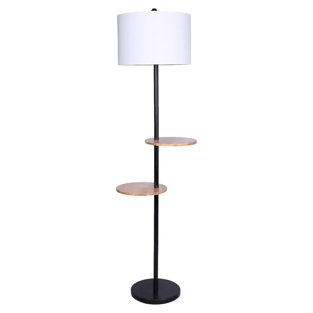 Sarantino Metal Floor Lamp Shade with Black Post in Round Wood Shelves - Home & Garden > Lighting