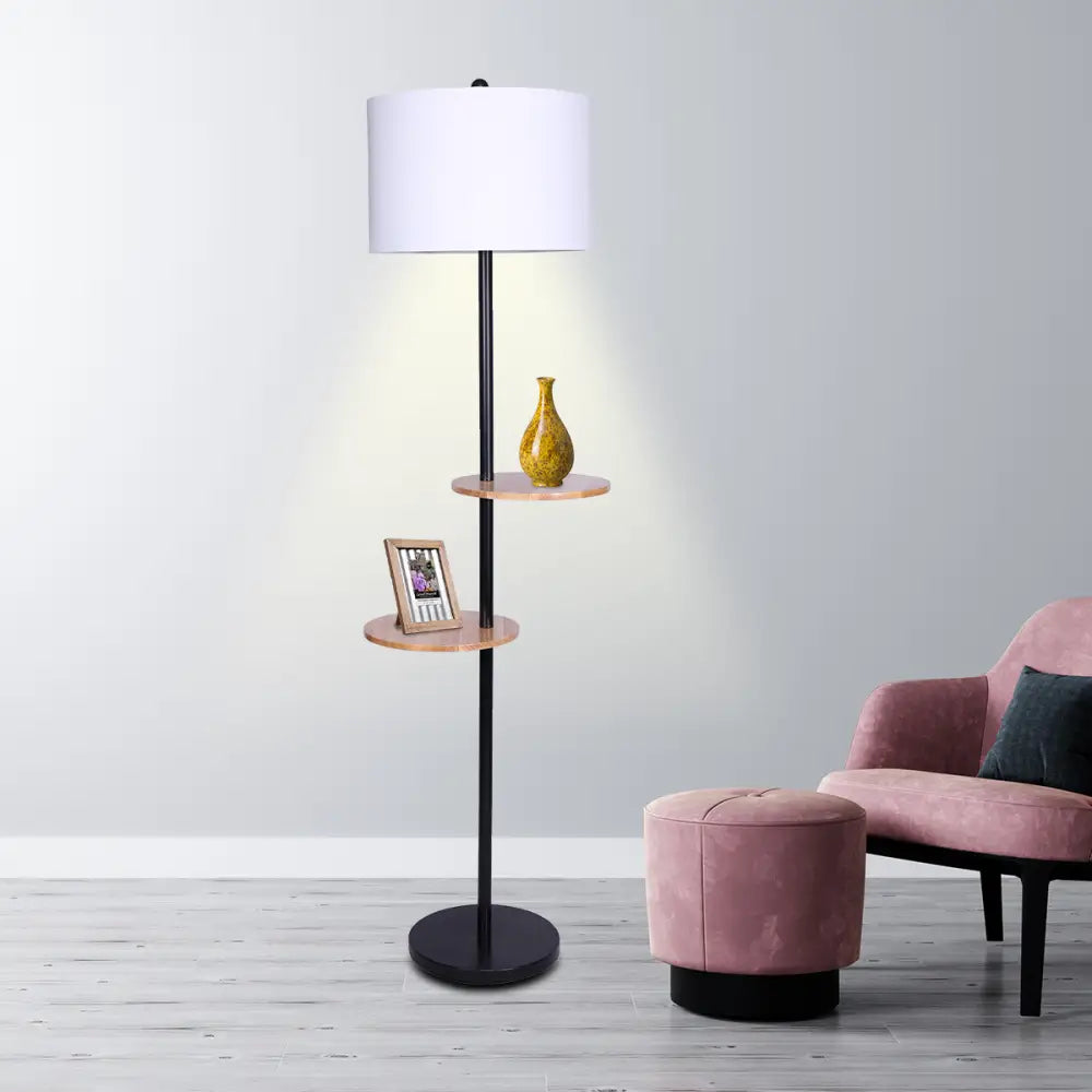 Sarantino Metal Floor Lamp Shade with Black Post in Round Wood Shelves - Home & Garden > Lighting