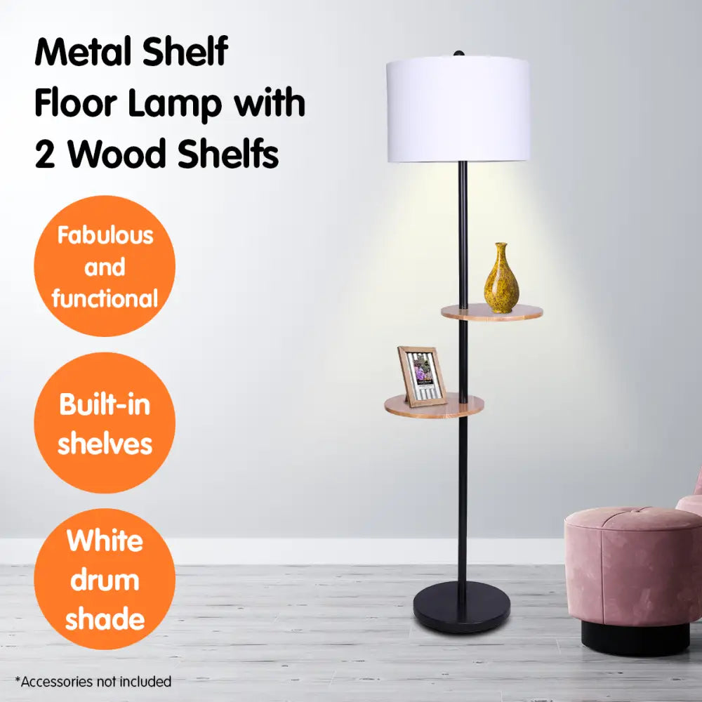 Sarantino Metal Floor Lamp Shade with Black Post in Round Wood Shelves - Home & Garden > Lighting