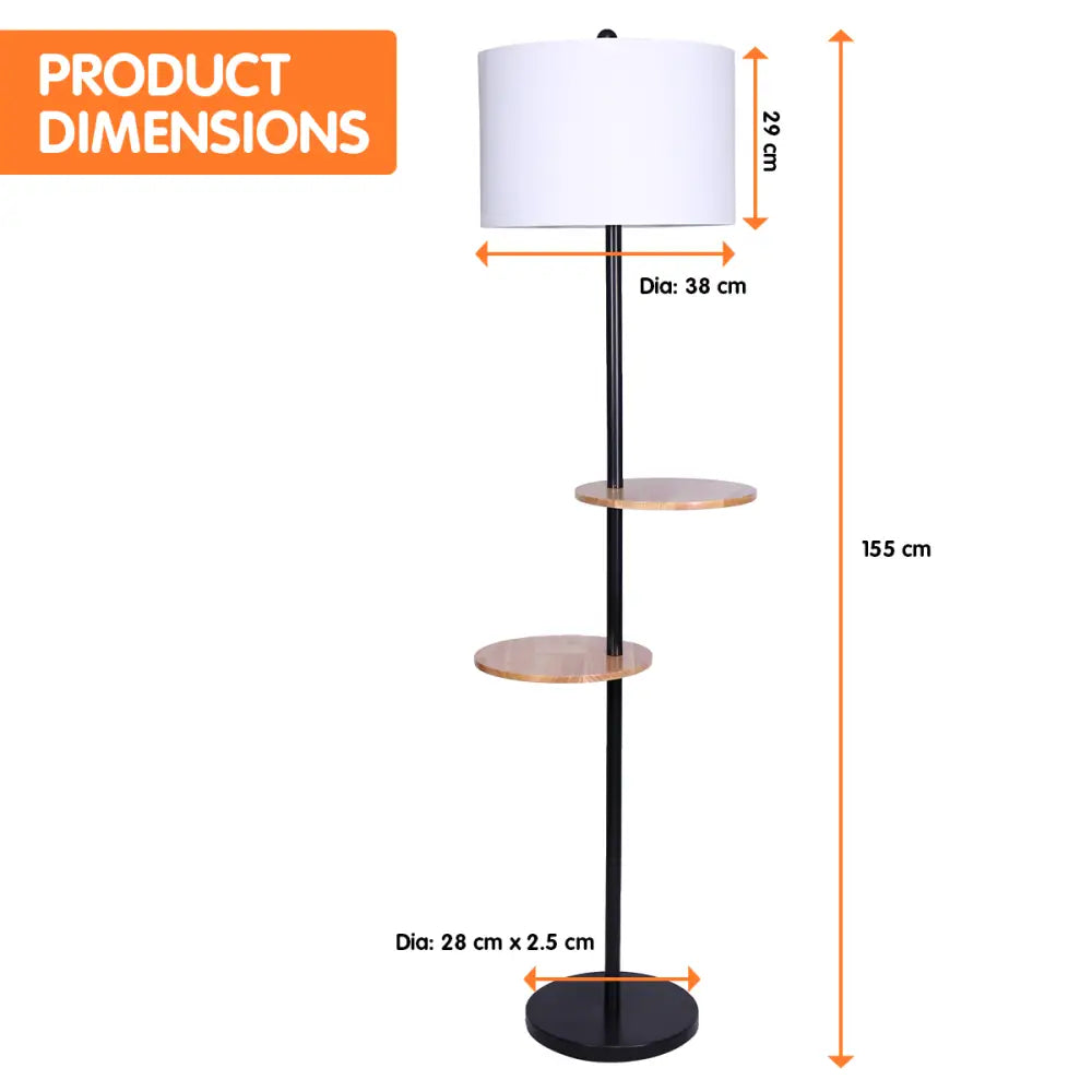 Sarantino Metal Floor Lamp Shade with Black Post in Round Wood Shelves - Home & Garden > Lighting
