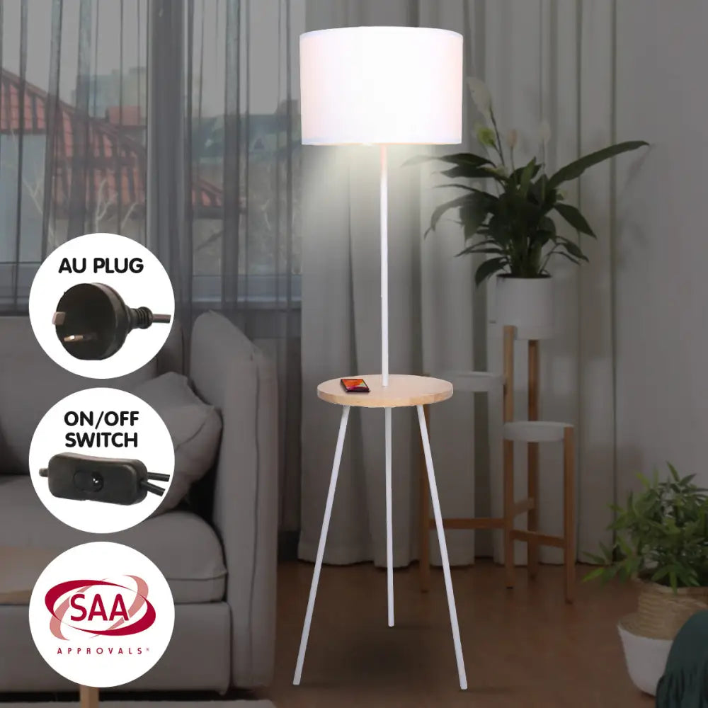 Sarantino Metal Tripod Floor Lamp Shade with Wooden Table Shelf - Home & Garden > Lighting