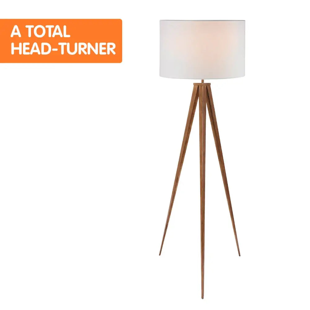 Sarantino Metal Tripod Floor Spot Lamp Shade Drum in Wooden Finish - Home & Garden > Lighting