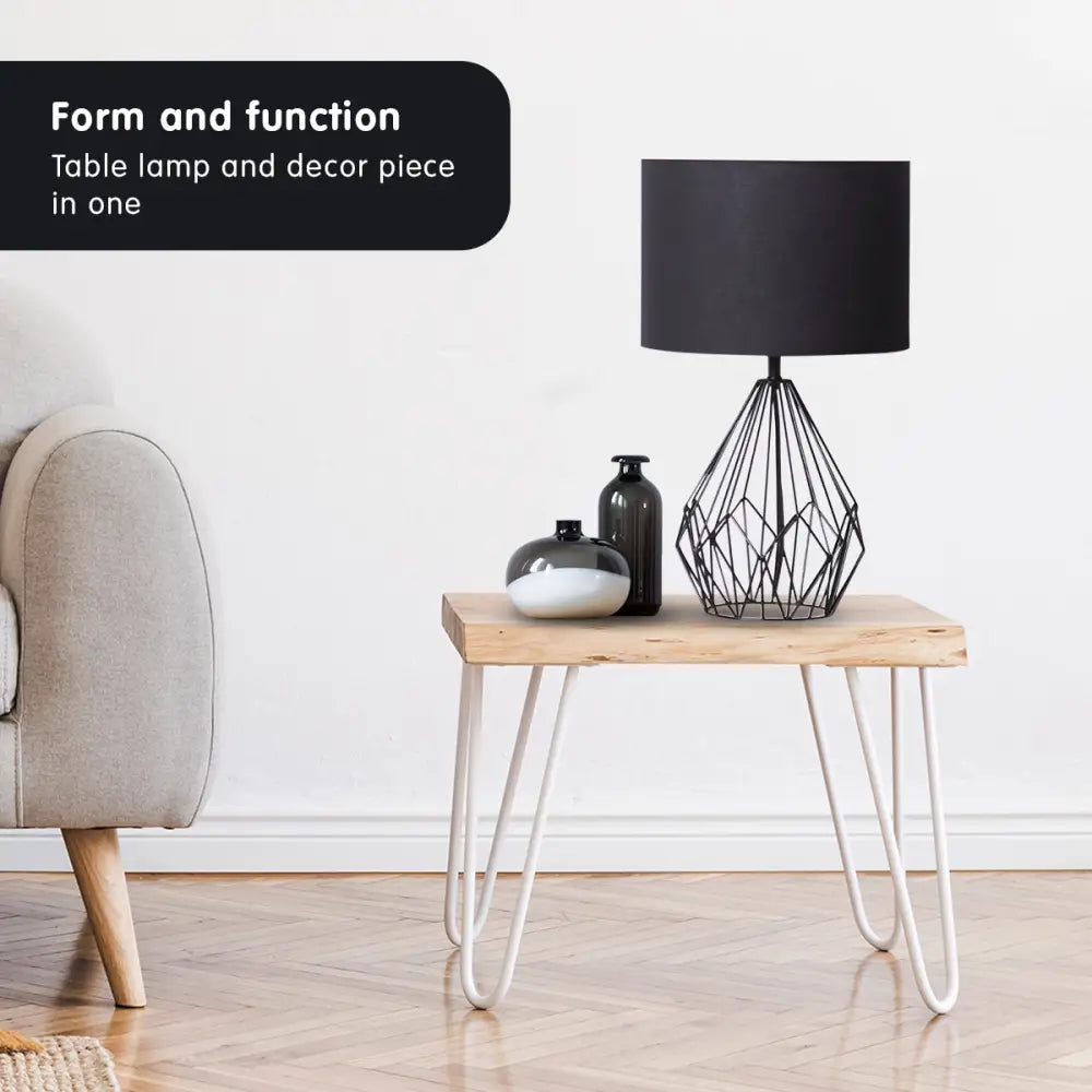 Sarantino Metal Wire Table Lamp in Black Finish With Black Drum Shade - Home & Garden > Lighting