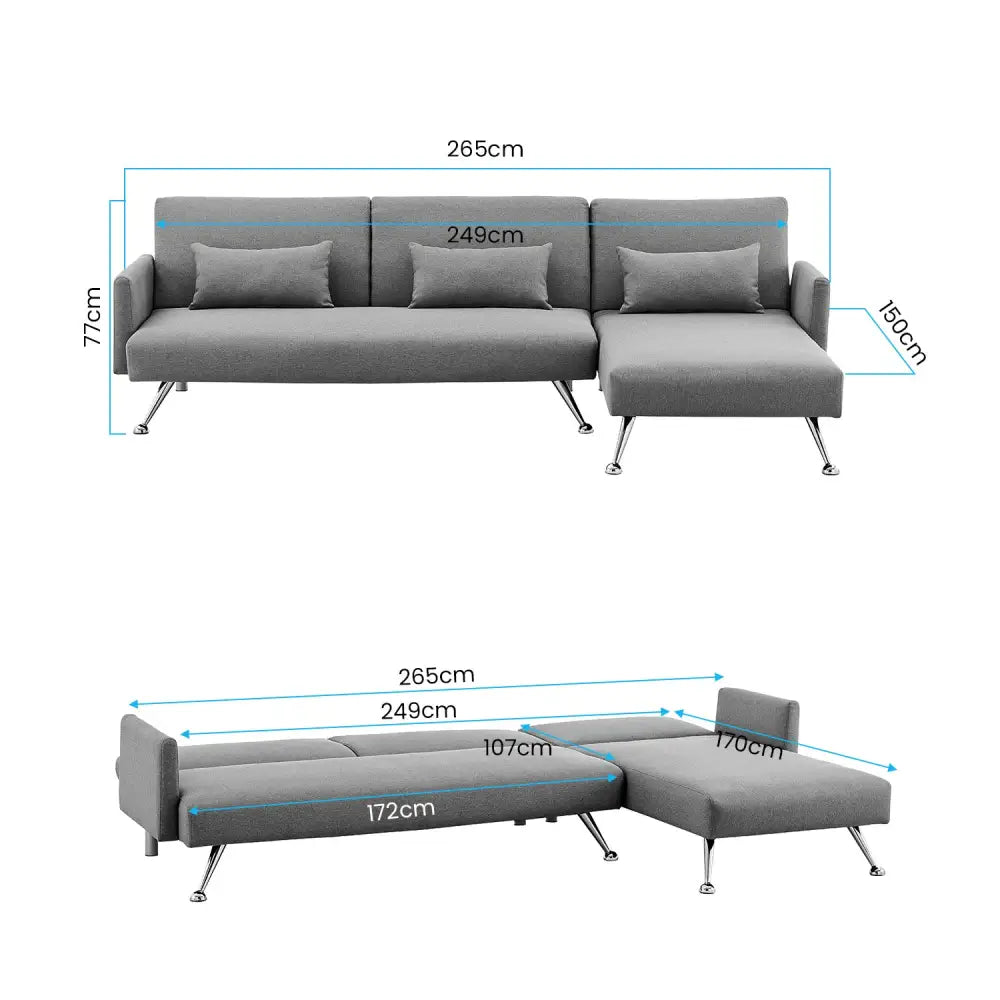 Sarantino Mia 3-Seater Corner Sofa Bed Chaise and Pillows Dark Grey - Furniture > Sofas