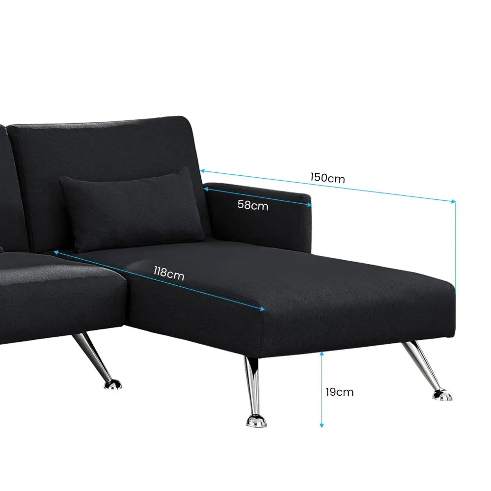 Sarantino Mia 3-Seater Sofa Bed with Chaise & 3 Pillows - Black - Furniture > Sofas