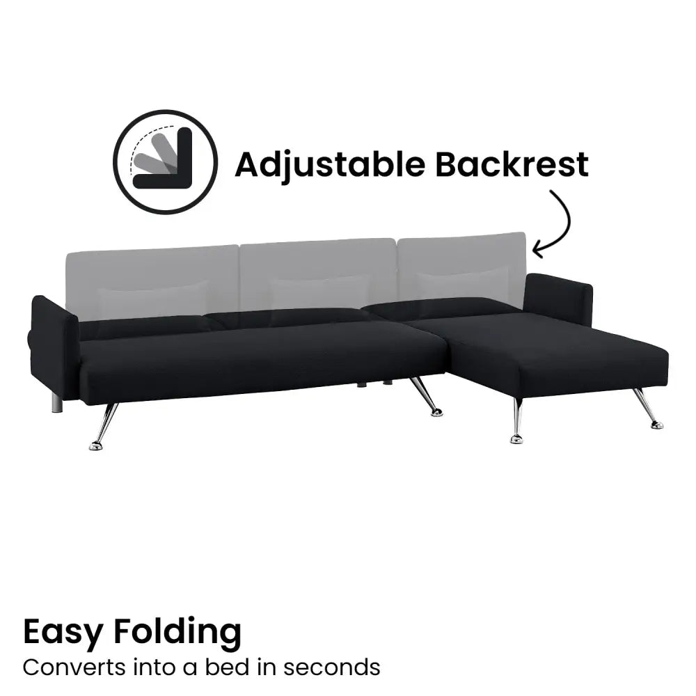 Sarantino Mia 3-Seater Sofa Bed with Chaise & 3 Pillows - Black - Furniture > Sofas