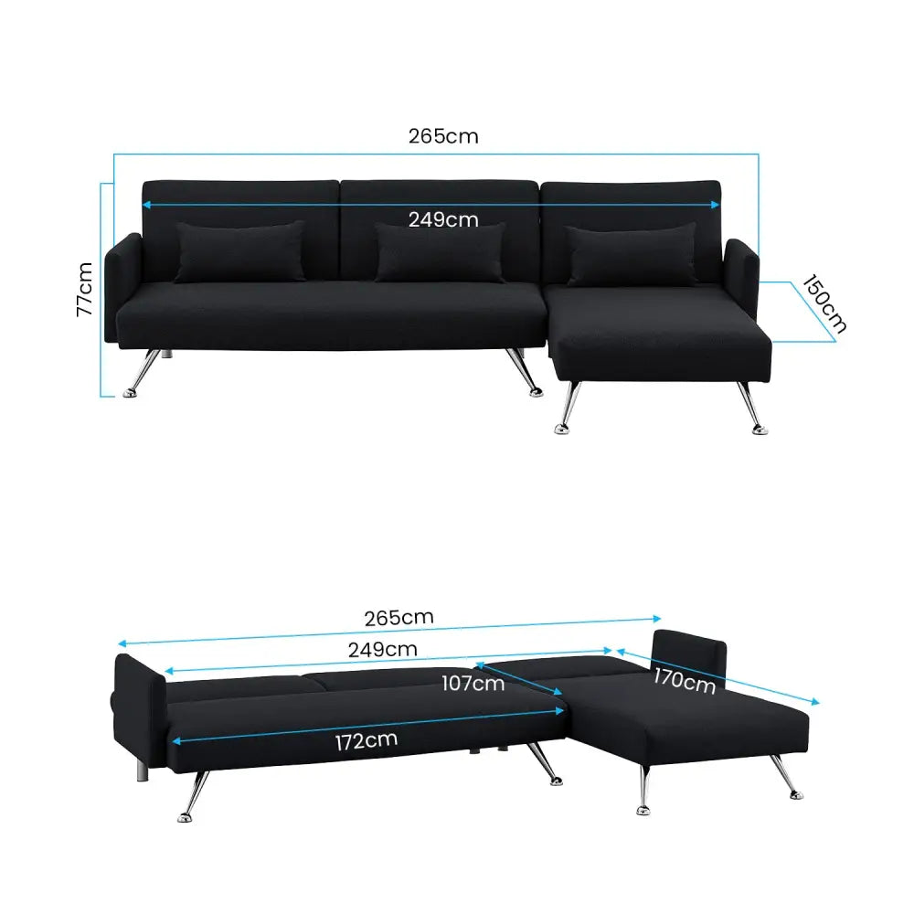 Sarantino Mia 3-Seater Sofa Bed with Chaise & 3 Pillows - Black - Furniture > Sofas