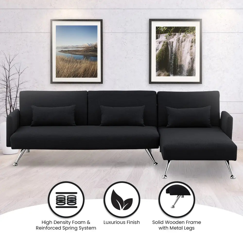 Sarantino Mia 3-Seater Sofa Bed with Chaise & 3 Pillows - Black - Furniture > Sofas