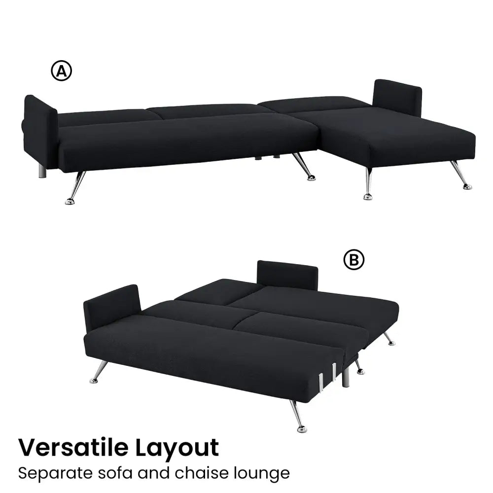 Sarantino Mia 3-Seater Sofa Bed with Chaise & 3 Pillows - Black - Furniture > Sofas