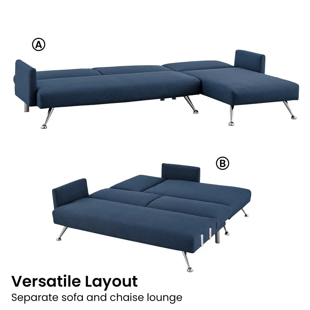 Sarantino Mia 3-Seater Sofa Bed with Chaise & 3 Pillows - Blue - Furniture > Sofas