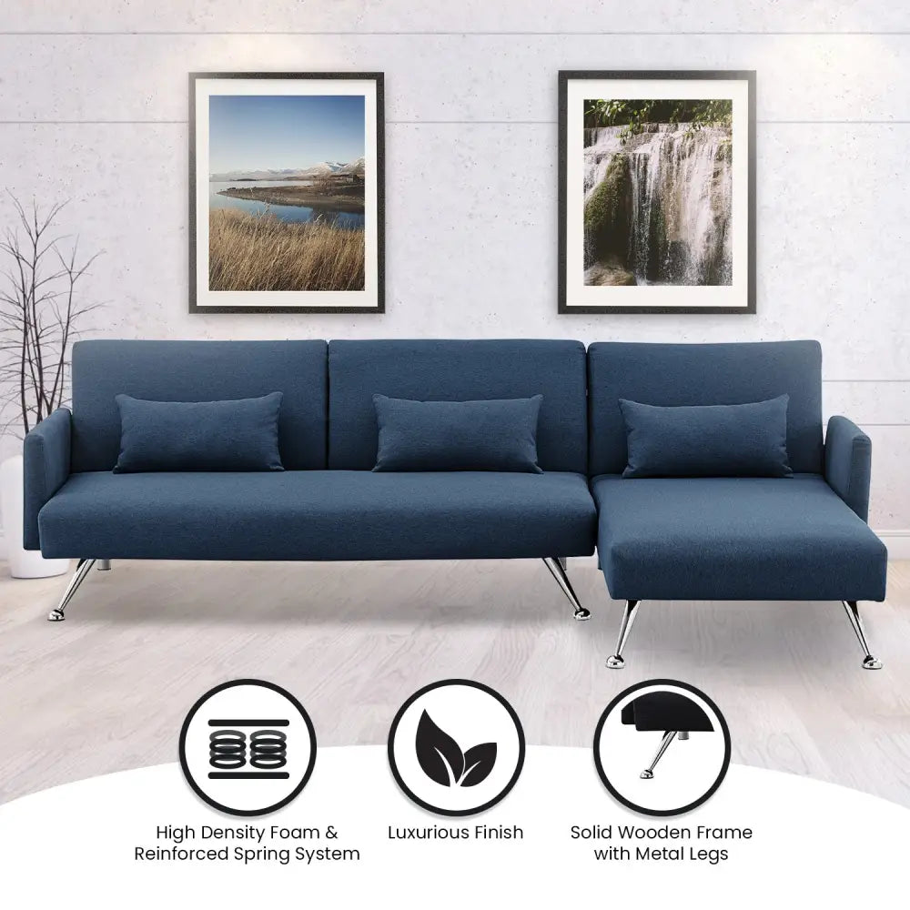 Sarantino Mia 3-Seater Sofa Bed with Chaise & 3 Pillows - Blue - Furniture > Sofas