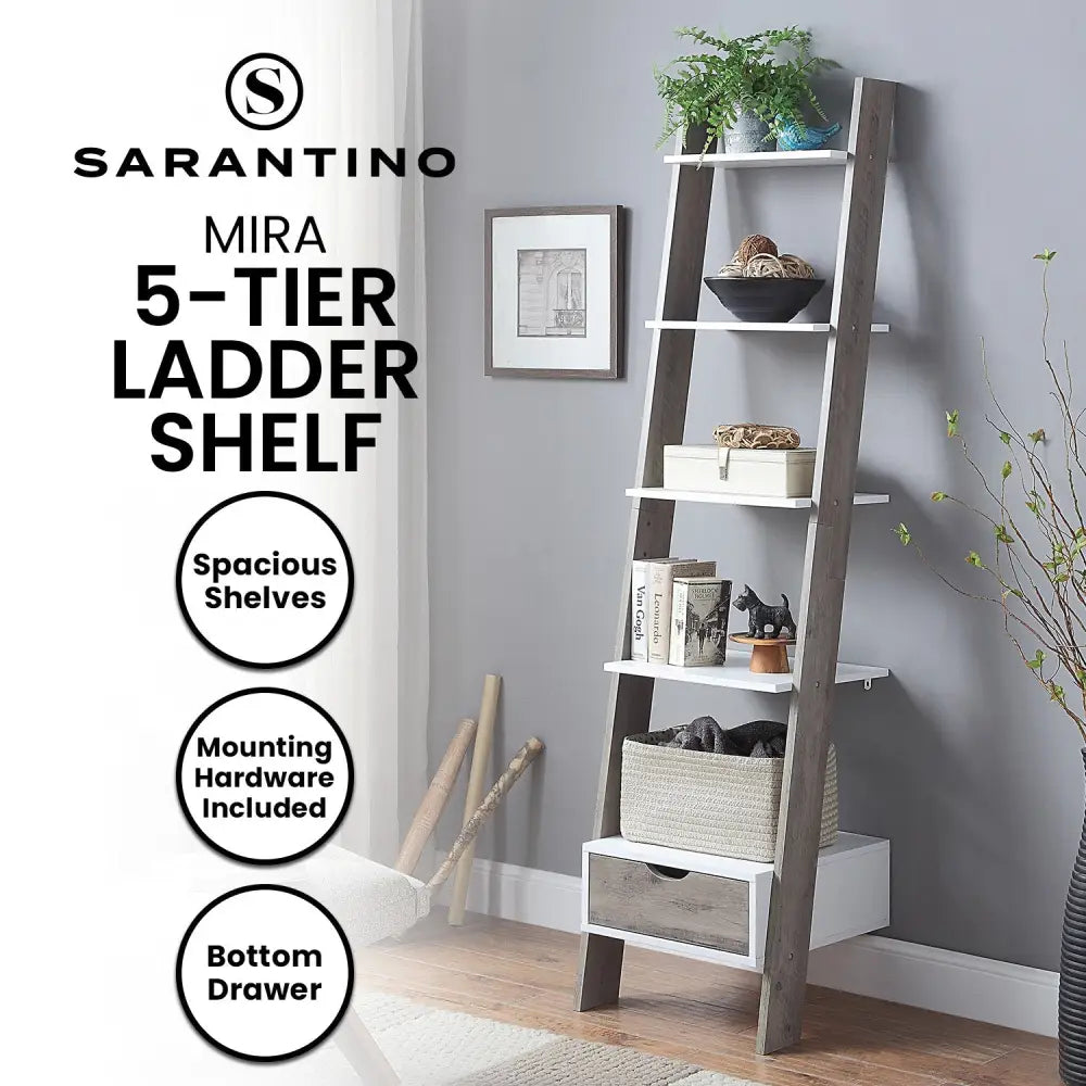 Sarantino Mira 5-tier Ladder Shelf In White And Grey Oak - Furniture > Living Room > Bookcases & Shelves