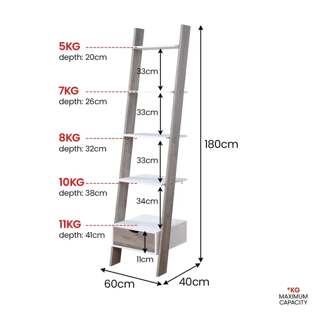 Sarantino Mira 5-tier Ladder Shelf In White And Grey Oak - Furniture > Living Room > Bookcases & Shelves