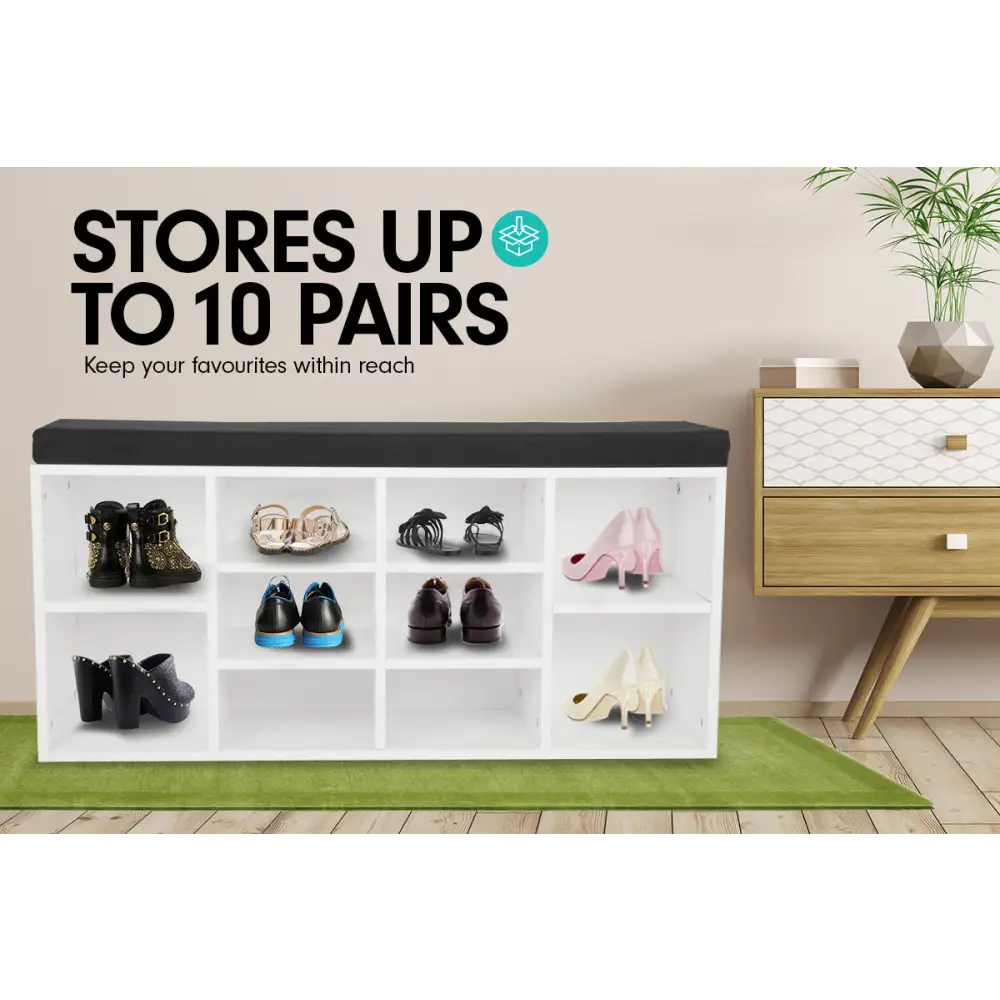 Sarantino New 10 Pairs Shoe Cabinet Rack Storage Organiser Shelf Stool Bench Wood - White - Furniture > Living Room