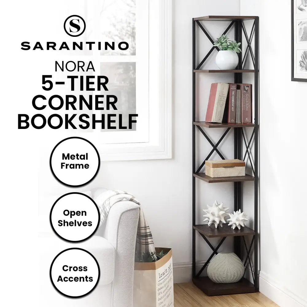 Sarantino Nora 5-Tier Corner Bookshelf in Walnut/Black - Furniture > Living Room > Bookcases & Shelves
