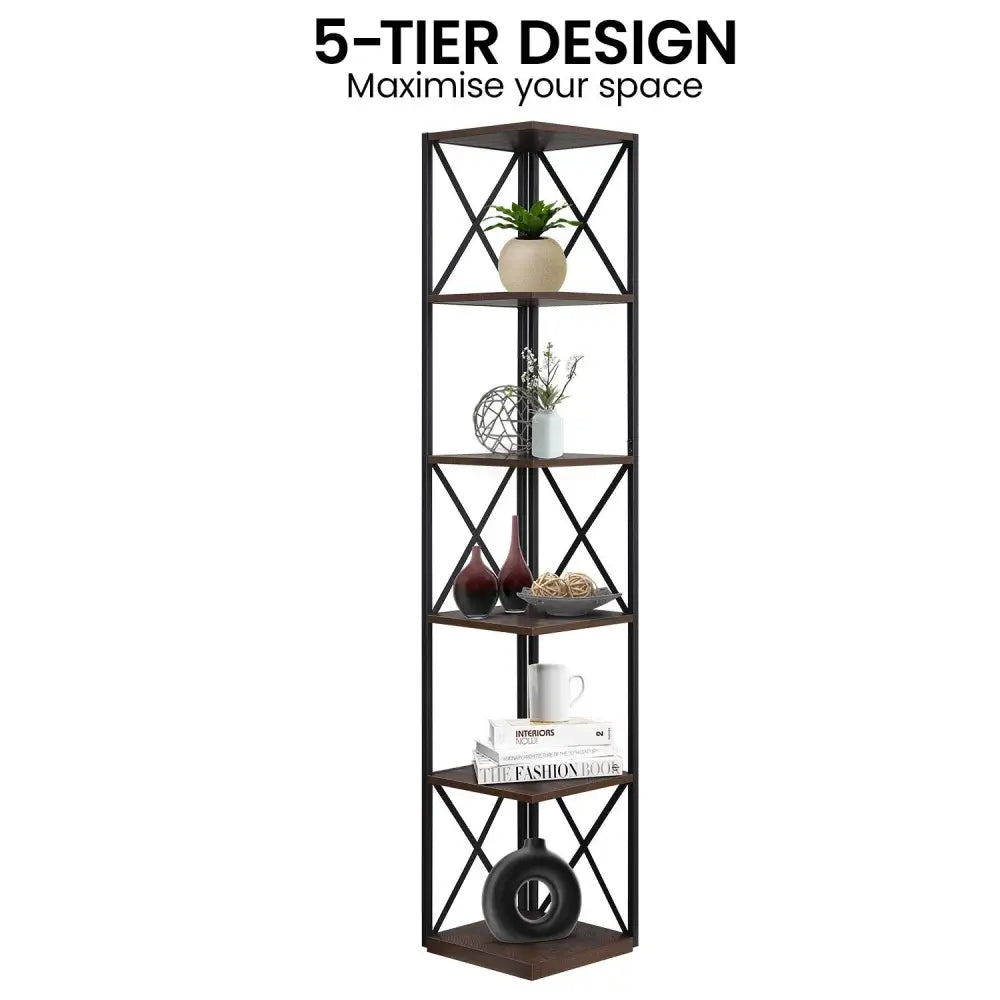 Sarantino Nora 5-Tier Corner Bookshelf in Walnut/Black - Furniture > Living Room > Bookcases & Shelves