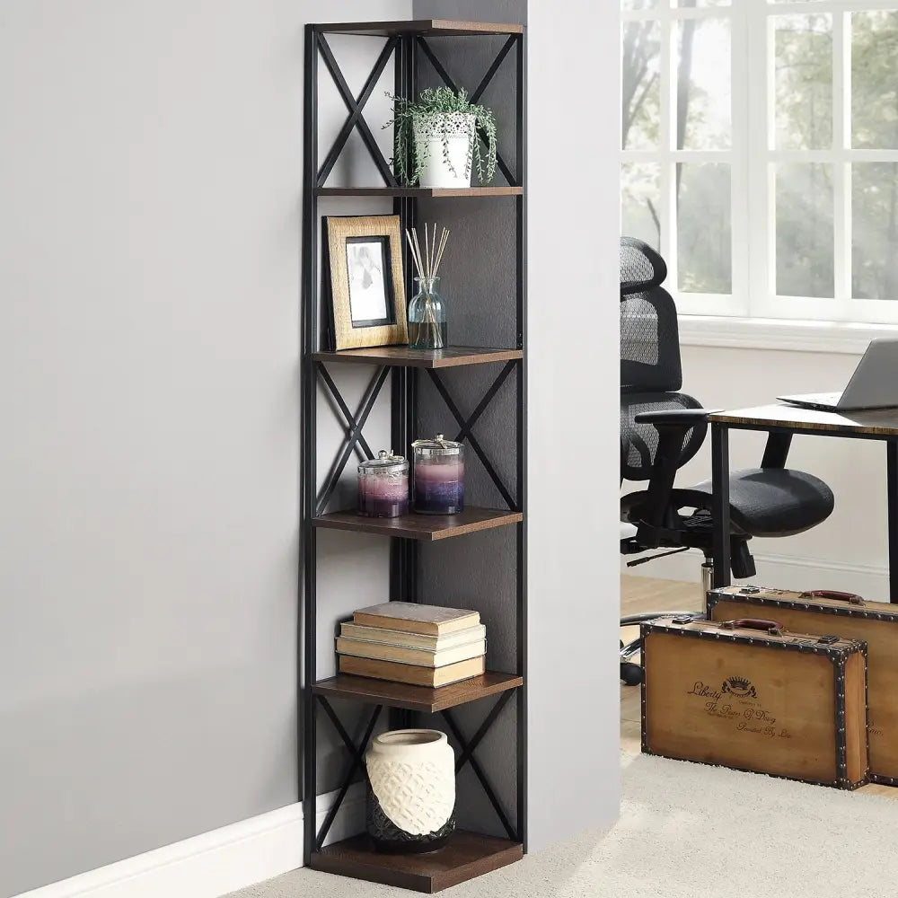 Sarantino Nora 5-Tier Corner Bookshelf in Walnut/Black - Furniture > Living Room > Bookcases & Shelves