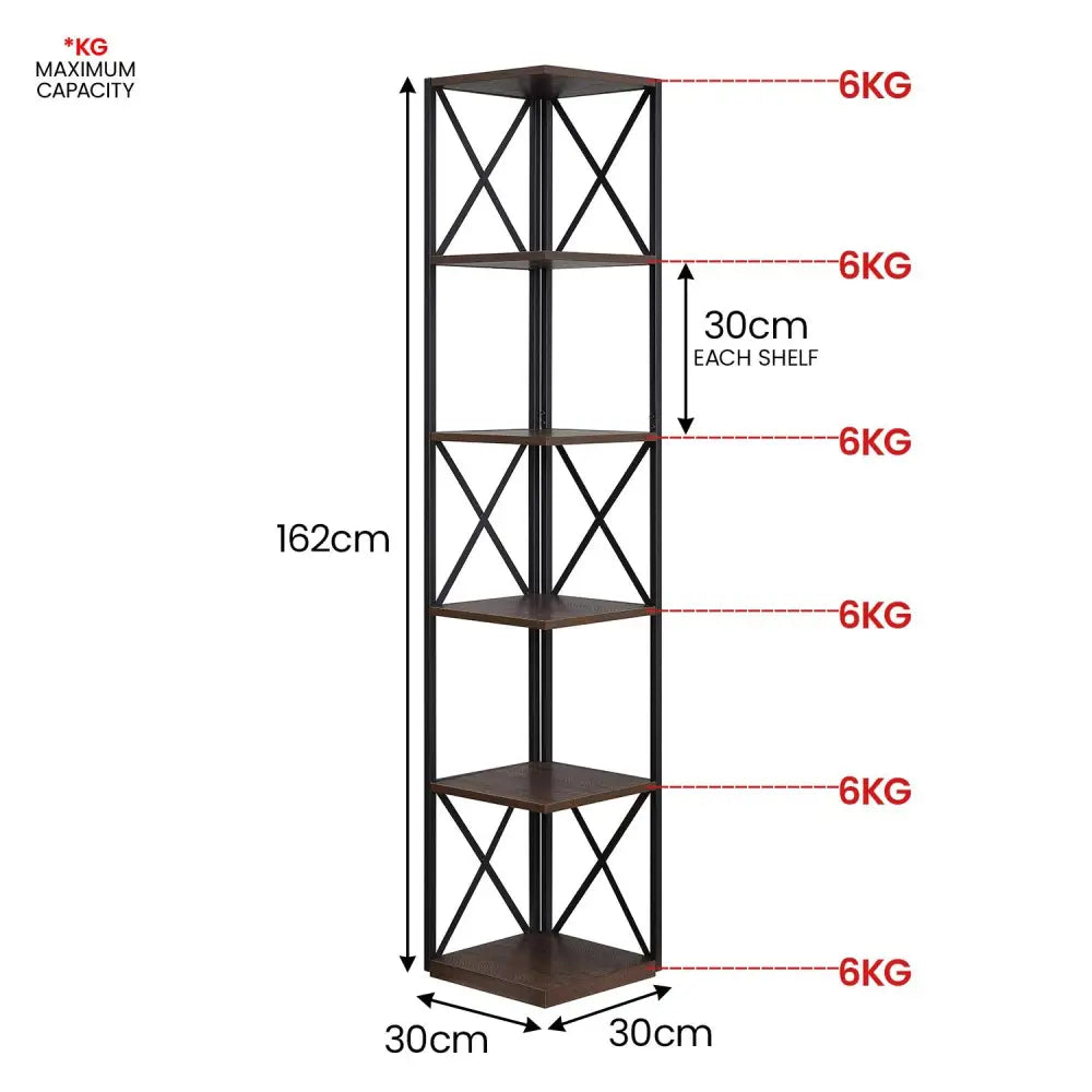Sarantino Nora 5-Tier Corner Bookshelf in Walnut/Black - Furniture > Living Room > Bookcases & Shelves