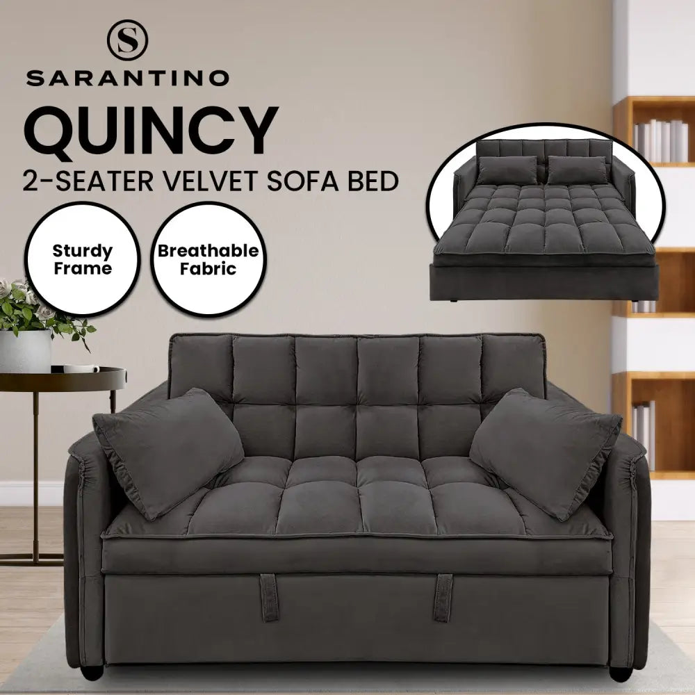 Sarantino Quincy 2-Seater Velvet Sofa Bed in Dark Grey with Wooden Frame and Tufted Design - Dark Grey - Furniture >