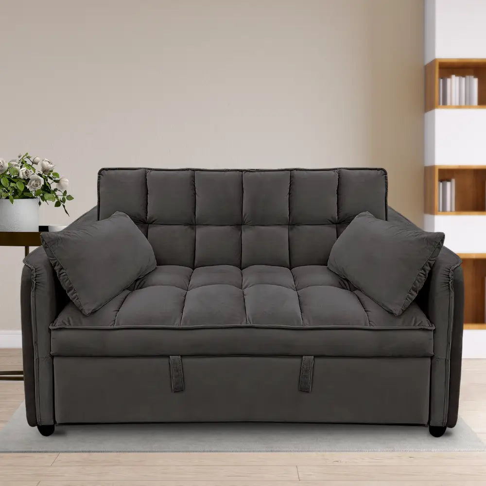 Sarantino Quincy 2-Seater Velvet Sofa Bed in Dark Grey with Wooden Frame and Tufted Design - Dark Grey - Furniture >