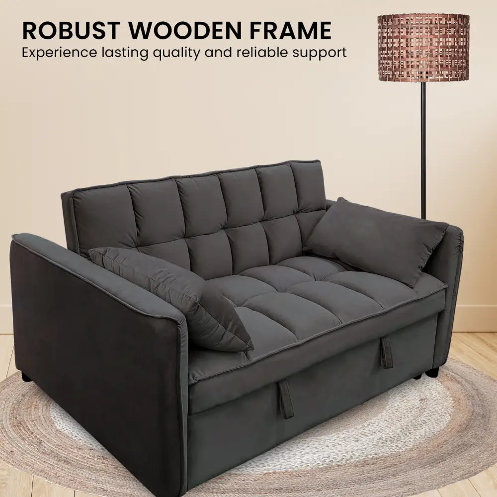 Sarantino Quincy 2-Seater Velvet Sofa Bed in Dark Grey with Wooden Frame and Tufted Design - Dark Grey - Furniture >