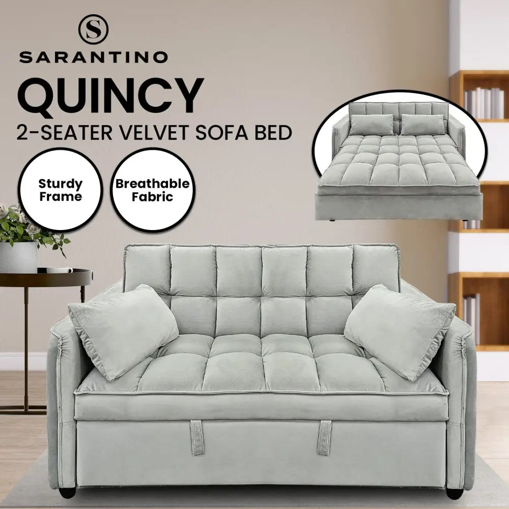 Sarantino Quincy 2-Seater Velvet Sofa Bed in Dark Grey with Wooden Frame and Tufted Design - Light Grey - Furniture >