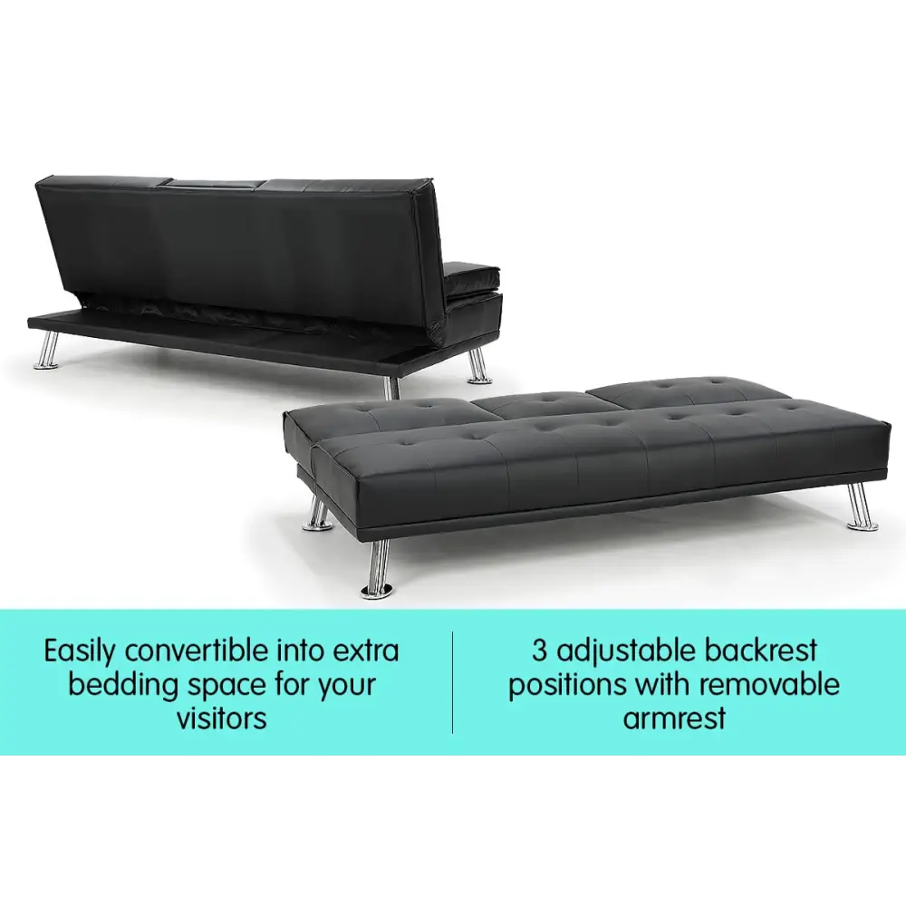 Sarantino Rochester Faux Leather Sofa Bed Lounge Couch Futon Furniture Suite - Black - Furniture > Sofas
