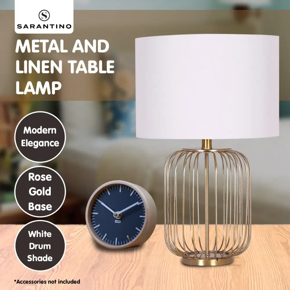 Sarantino Rose Gold Table Lamp with Linen Drum Shade - Home & Garden > Lighting